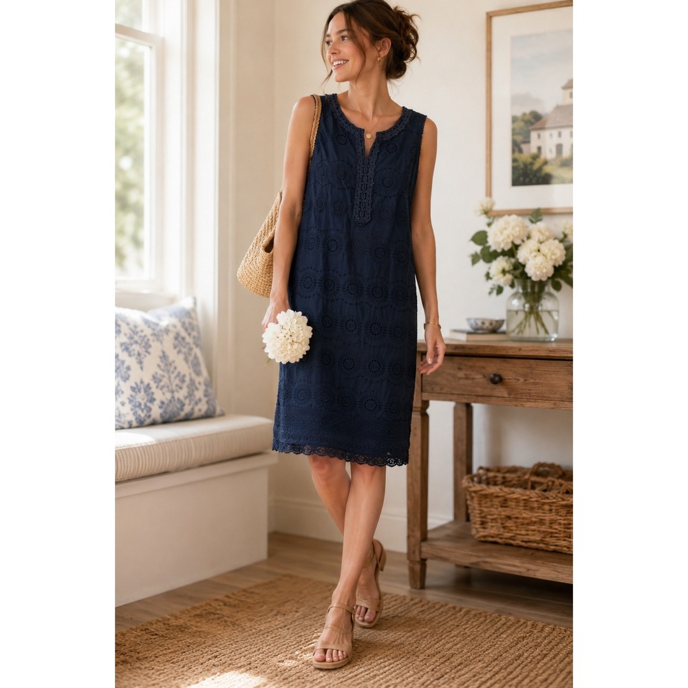 Talbots Eyelet Sheath Dress Womens 4 Navy Blue Cotton Lace Split Neck